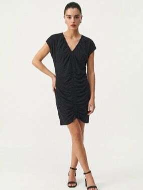 ZARA | Black V-Neck Midi Length Cinched Front Dress Women’s Size Small
